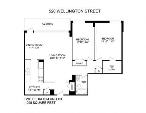 Floor plan for 2 beds, 1 bath, 1135 sqft